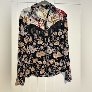 Gimmicks Floral Western Fringe Button-Down Blouse Size Small